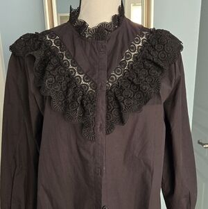 Women Victorian Gothic Ruffled  High Neck Lace Flare Lantern Long Sleeve Top L